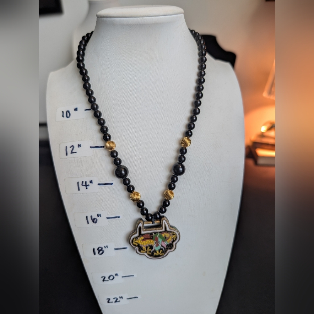 Vintage 925 Les Bernard Obsidian & Cloisonne Sterling Gold Necklace - Estate - Picture 11 of 14